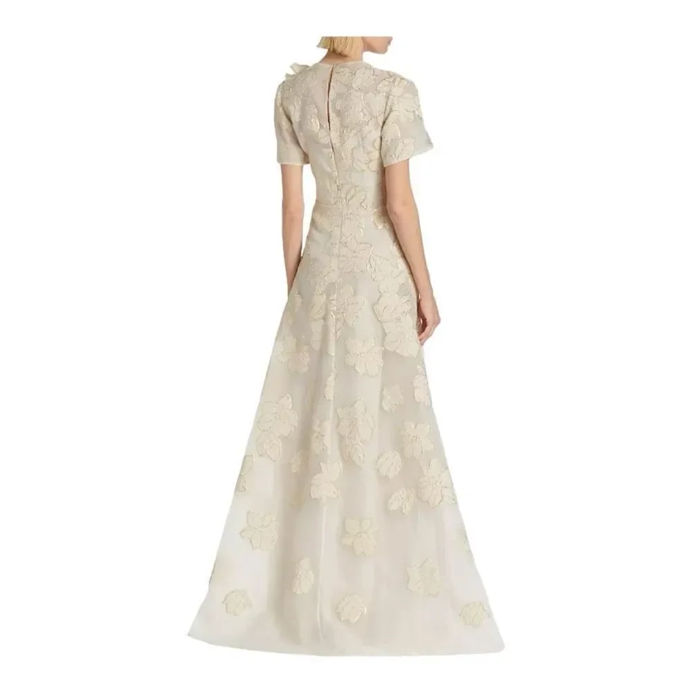 ❌❌ Sold Teri Jon by Rickie Freeman Ivory and Gold Floral Jacquard A-line Gown - Picture 5 of 12